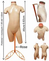 Manequim Juvenil (Meio corpo unissex N.14) bege com tampa Rose + pedestal retro na cor Rose.
