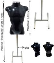 Manequim masculino adulto (Busto definido M.40) preto com tampa + pedestal H na cor prata.