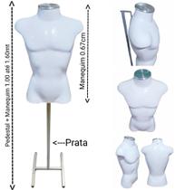 Manequim masculino (Busto definido N.40) branco com tampa prata + pedestal H na cor prata. Manequim masculino (Busto definido N.40) branco com tampa prata + pedestal H na cor prata.