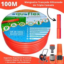 Mangueira Antitorção AquaFlex Laranja 100Mts + Carrinho Enrolador