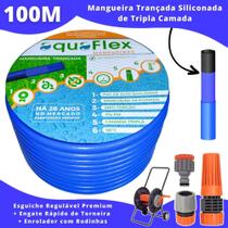 Mangueira AquaFlex Azul Não Dobra 100 Metro + Carrinho Enrolador