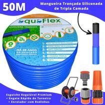 Mangueira AquaFlex Azul Não Dobra 50 Metro + Carrinho Enrolador