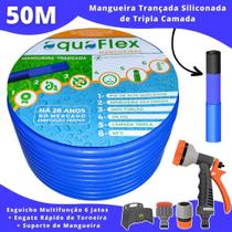 Mangueira de Jardim Trançada Antitorção 50M AquaFlex Azul com Suporte + Esguicho Multifunção