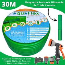 Mangueira de Quintal Tripla Camada 30Mts AquaFlex Verde com Suporte + Esguicho Multifunção