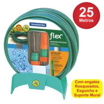 Mangueira Flex para Jardim Reforçada 3 Camadas com Engate Rosqueado, Esguicho e Suporte Mural 25m Tramontina