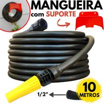 Mangueira Jardim 10 Metros Grossa 1/2" Reforçada Resistente Flexivel com Esguicho Conector Kit Completo com Suporte de Parede Enrolador - KW