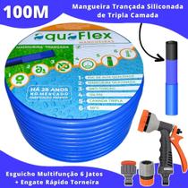 Mangueira Jardim Trançada Antitorção 100 Mt AquaFlex Azul + Esguicho Multifunção 6 Tipos de Jatos