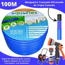 Mangueira Jardim Tripla Camada 100 Metros AquaFlex Azul com Carrinho Enrolador + Esguicho