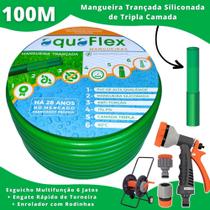 Mangueira Quintal Trançada Antitorção 100Mt AquaFlex Verde com Carrinho Enrolador + Esguicho