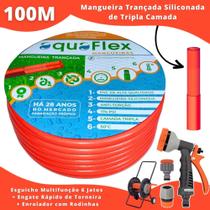 Mangueira Quintal Tripla Camada 100 Mts AquaFlex Laranja com Carrinho Enrolador + Esguicho
