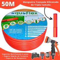 Mangueira Quintal Tripla Camada 50Mt AquaFlex Laranja com Suporte + Esguicho Multifunção
