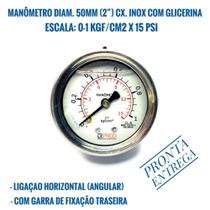 Manômetro Diam.50mm (2”) 0-1 Kgf/cm2 x 15 Psi - Horizontal C/Garra de Fixação Traseira - C/Glicerina