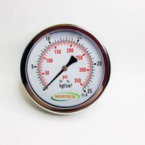 Manômetro horizontal - Total Inox Diam.100mm (4”) Escala 0-25 KGF/CM2 X 350 PSI - Com Glicerina Manômetro horizontal - Total Inox Diam.100mm (4”) Escala 0-25 KGF/CM2 X 350 PSI - Com Glicerina