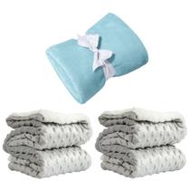 Manta Cobertor Kit 3 pçs c/ 1 Comfy Azul 2 Pipoquinha cinza