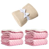 Manta Cobertor Kit 3 pçs c/ 1 Comfy Bege 2 Pipoquinha Rosa