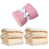 Manta Cobertor Kit 3 pçs c/ 1 Comfy Rosa 2 Pipoquinha Bege