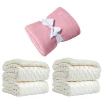 Manta Cobertor Kit 3 pçs c/ 1 Comfy Rosa 2 Pipoquinha Branco
