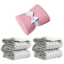 Manta Cobertor Kit 3 pçs c/ 1 Comfy Rosa 2 Pipoquinha cinza