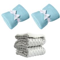 Manta Cobertor Kit 3 pçs c/ 2 Comfy Azul 1 Pipoquinha Cinza