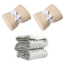 Manta Cobertor Kit 3 pçs c/ 2 Comfy Bege 1 Pipoquinha Cinza