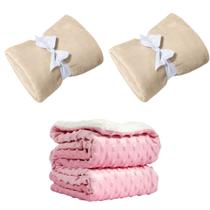 Manta Cobertor Kit 3 pçs c/ 2 Comfy Bege 1 Pipoquinha Rosa