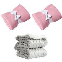 Manta Cobertor Kit 3 pçs c/ 2 Comfy Rosa 1 Pipoquinha Cinza