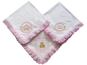 Manta Cueiro Kit 03 Peças Princesa Rosa 100% Algodão Bordada