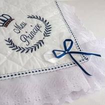 Manta para Bebe menino Azul Marinho Meu Principe Batizado - Manta em Laise Bordada para bebe