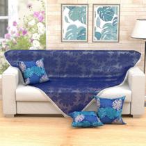 Manta para Sofá Azul Clássica 1,50m x 1,50m + 3 Almofadas Decorativas 45cm x 45cm com refil - Moda Casa Enxovais