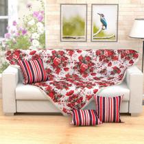 Manta para Sofá Decorativa Floral Vermelha 1,50m x 1,50m + 3 Almofadas Decorativas 45cm x 45cm com refil - Moda Casa Enxovais