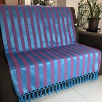 Manta Para Sofá em Tecido Jacquard Listrado Azul com Rosa 190x140cm