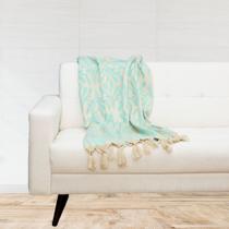 Manta para sofá Jaccard com franjas 1,40x1,80 + 2 capas - Verde Água/ Dourado