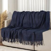 Manta Xalé para Sofá Malha 100% Algodão Decorativa com Franja 1,40m x 1,70m Marinho