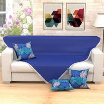 Manta Xale Sofá Azul Liso 1,50m x 1,50m + 3 Almofadas Decorativas 45cm x 45cm com refil - Moda Casa Enxovais