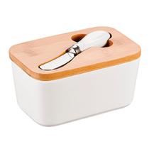 Manteigueira De Porcelana Com Tampa De Bambu E Espátula Inox Branca