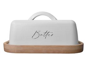 Manteigueira Em Metal Minimalista Branca Com Base De Bambu Natural