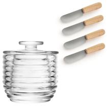 Manteigueira Francesa + Jg De Espátulas Colméia Vidro 9,5cm