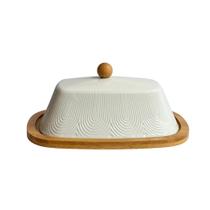 Manteigueira Oásis em Cerâmica Branca e Bambu 20,5x14,5x9cm