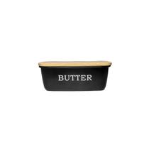 Manteigueira Preto Tampa Bambu Porta Manteiga Pote Aço 500ml