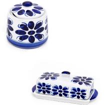 Manteigueira Retangular E Açucareiro Pintada A Mão Colonial