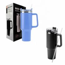 Mantém Quente ou Gelado - Copo Térmico 1200ml Azul Claro, Parede Dupla e Canudo