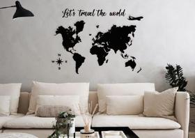 Mapa Mundi + Lets Travel The World 120x85cm Lettering em Madeira MDF Parede - Império das Artes