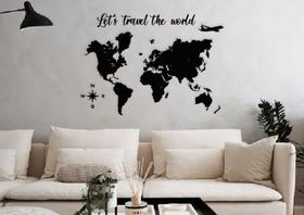 Mapa Mundi + LetS Travel The World 120X85Cm Lettering Mdf - Império das artes