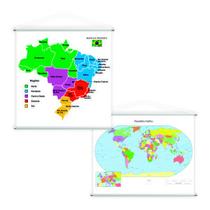 Mapa Regiões Do Brasil + Planisfério Político Kit 2 Banners