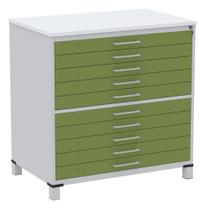 Mapoteca 10 Gavetas Pandin 120 cm (Larg) Inmetro Tampo MDP Branco Estrutura Aço Cinza Gavetas Verdes