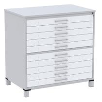 Mapoteca 10 Gavetas Pandin 120 cm (Larg) Inmetro Tampo MDP Cinza Estrutura Aço Cinza Gavetas Brancas