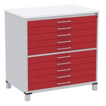 Mapoteca 10 Gavetas Pandin 120cm (Larg) Inmetro Tampo MDP Branco Estrutura Aço Cinza Gaveta Vermelha