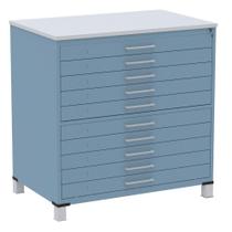 Mapoteca 10 Gavetas Pandin 120cm (Larg) Inmetro Tampo MDP Cinza Estrutura e Gavetas em Aço Azul Dali