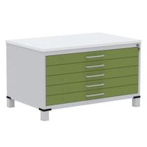 Mapoteca 5 Gavetas Pandin 120 cm (Larg) Inmetro Tampo MDP Branco Estrutura Aço Cinza Gavetas Verdes