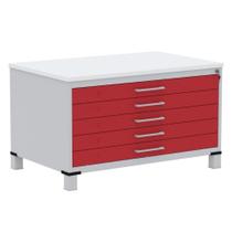 Mapoteca 5 Gavetas Pandin 120cm (Larg) Inmetro Tampo MDP Branco Estrutura Aço Cinza Gaveta Vermelha